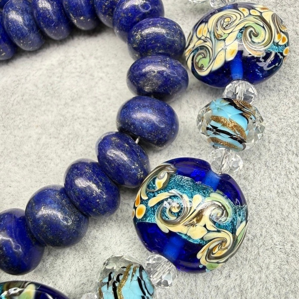 Lapis Lazuli Lampwork Art Glass Necklace Blue Silver Tone 20" Coastal Heavy